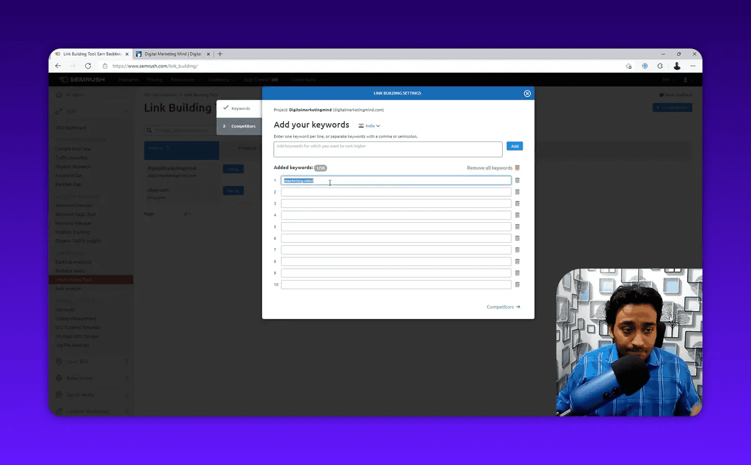 Semrush Link Building Tool 'Add your keywords' modal with the first keyword highlighted/selected and a presenter video overlay
