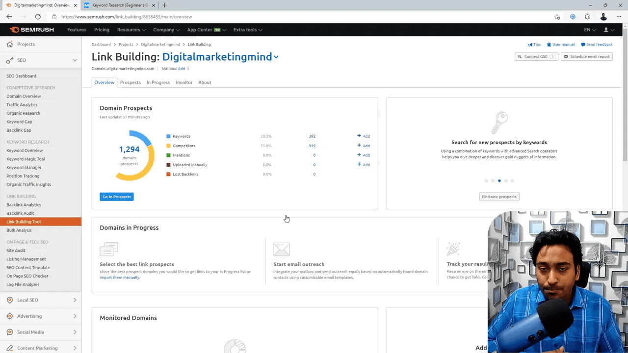 Semrush Link Building Tool dashboard showing domain prospects, prospect counts and outreach panels with a presenter overlay