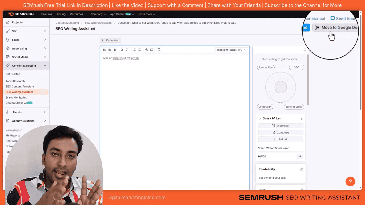 SEMrush SEO Writing Assistant interface showing a magnified 'Move to Google Docs' button in the top right