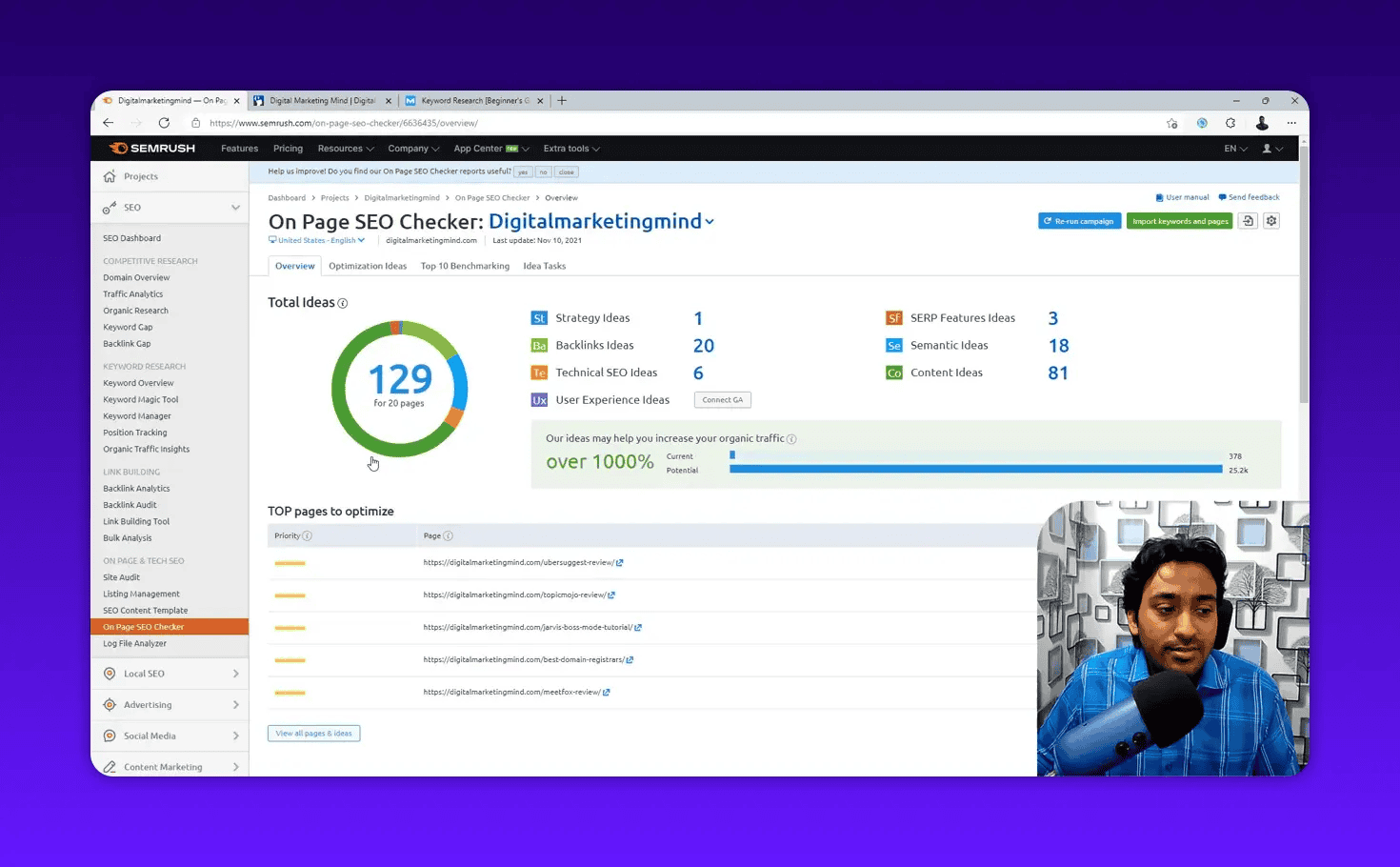 Semrush On Page SEO Checker overview showing a '129 ideas' donut chart, idea categories and a list of top pages to optimize with a small presenter overlay