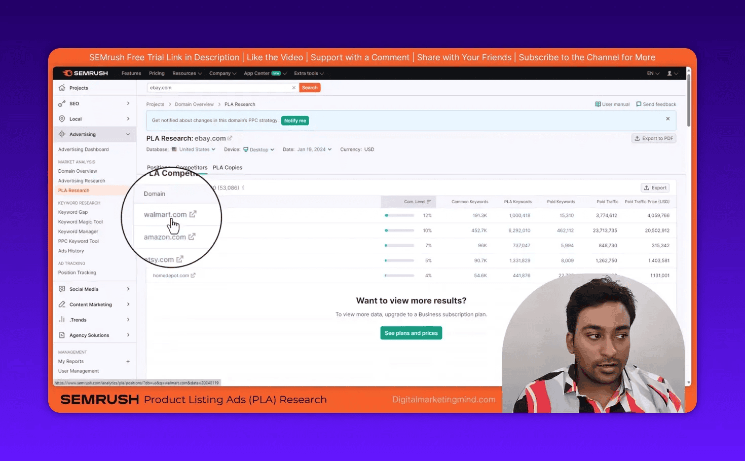 Semrush PLA Research competitors list with magnified callout showing walmart.com and amazon.com