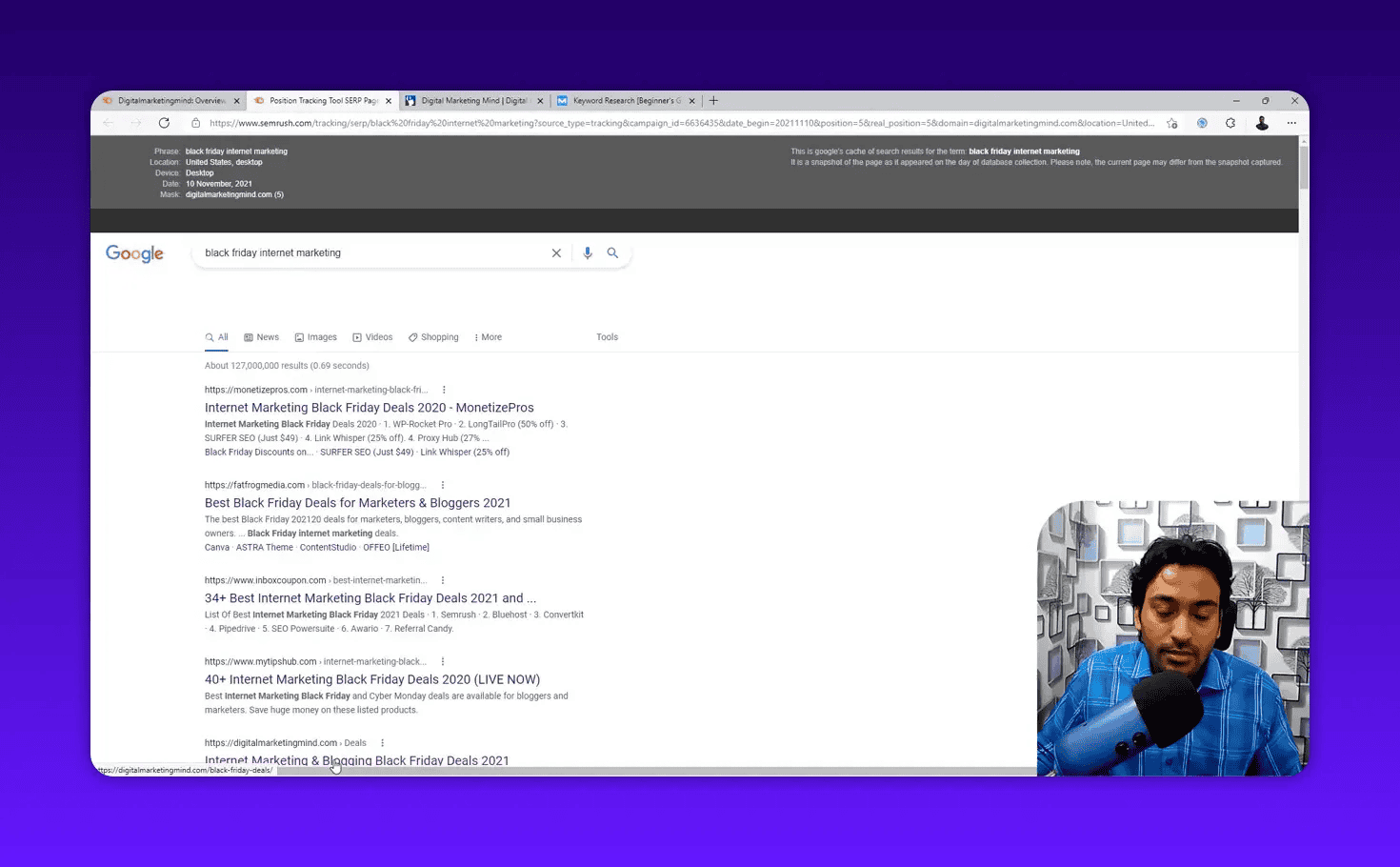 Google search results (SERP) for a tracked keyword shown inside Semrush Position Tracking with a presenter video overlay