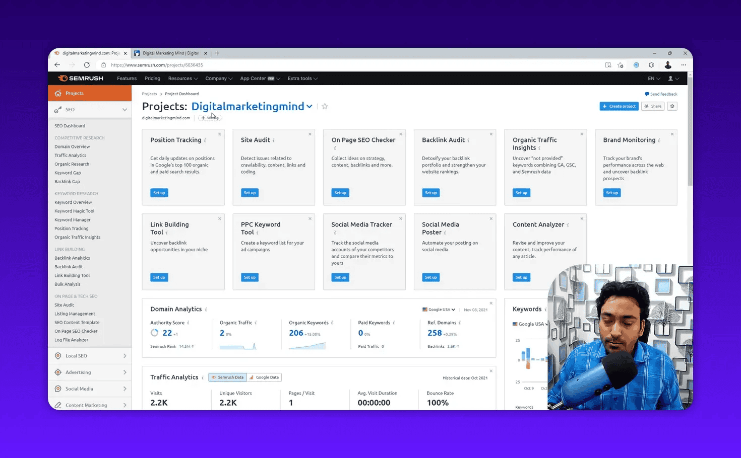 Clean view of Semrush Projects dashboard with project widgets and domain analytics visible