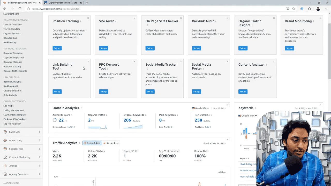 Semrush Projects dashboard with setup tiles for Position Tracking, Site Audit, On Page SEO Checker and domain analytics widgets showing keywords, traffic and backlink metrics; presenter video overlay in bottom-right.