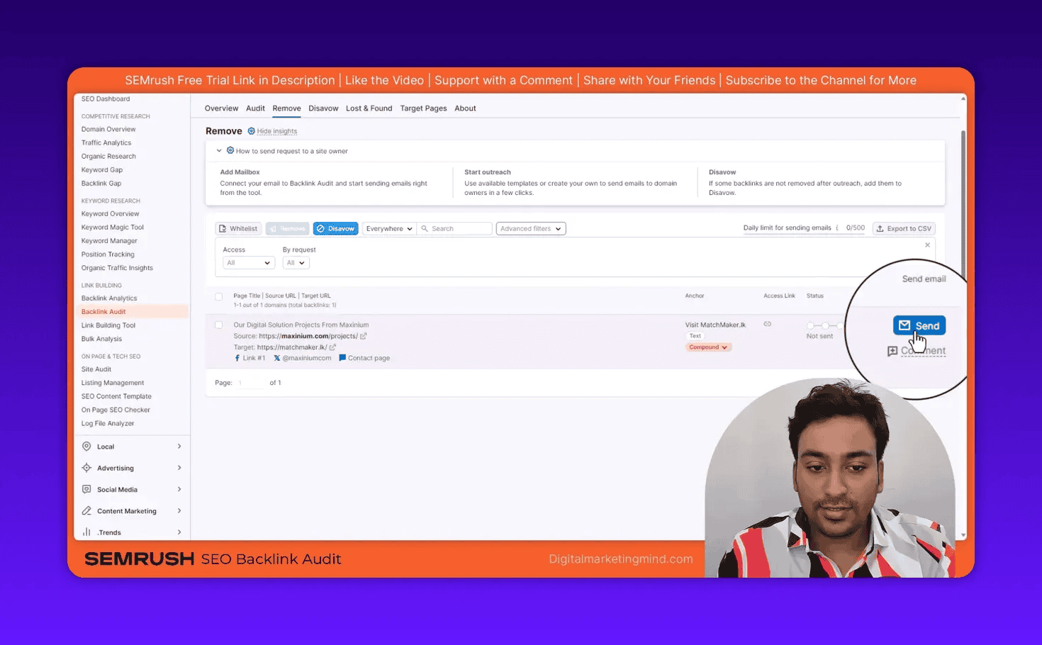 SEMrush Backlink Audit Remove report showing magnified Send email button for outreach