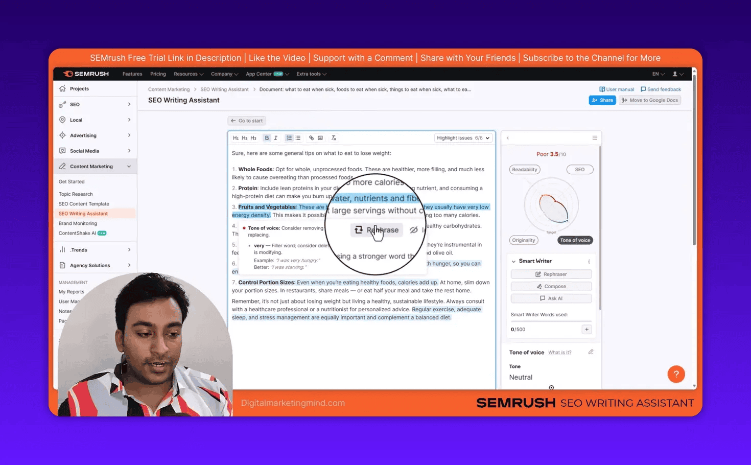 Close-up of SEMrush suggestion popup with Rephrase button shown over highlighted text