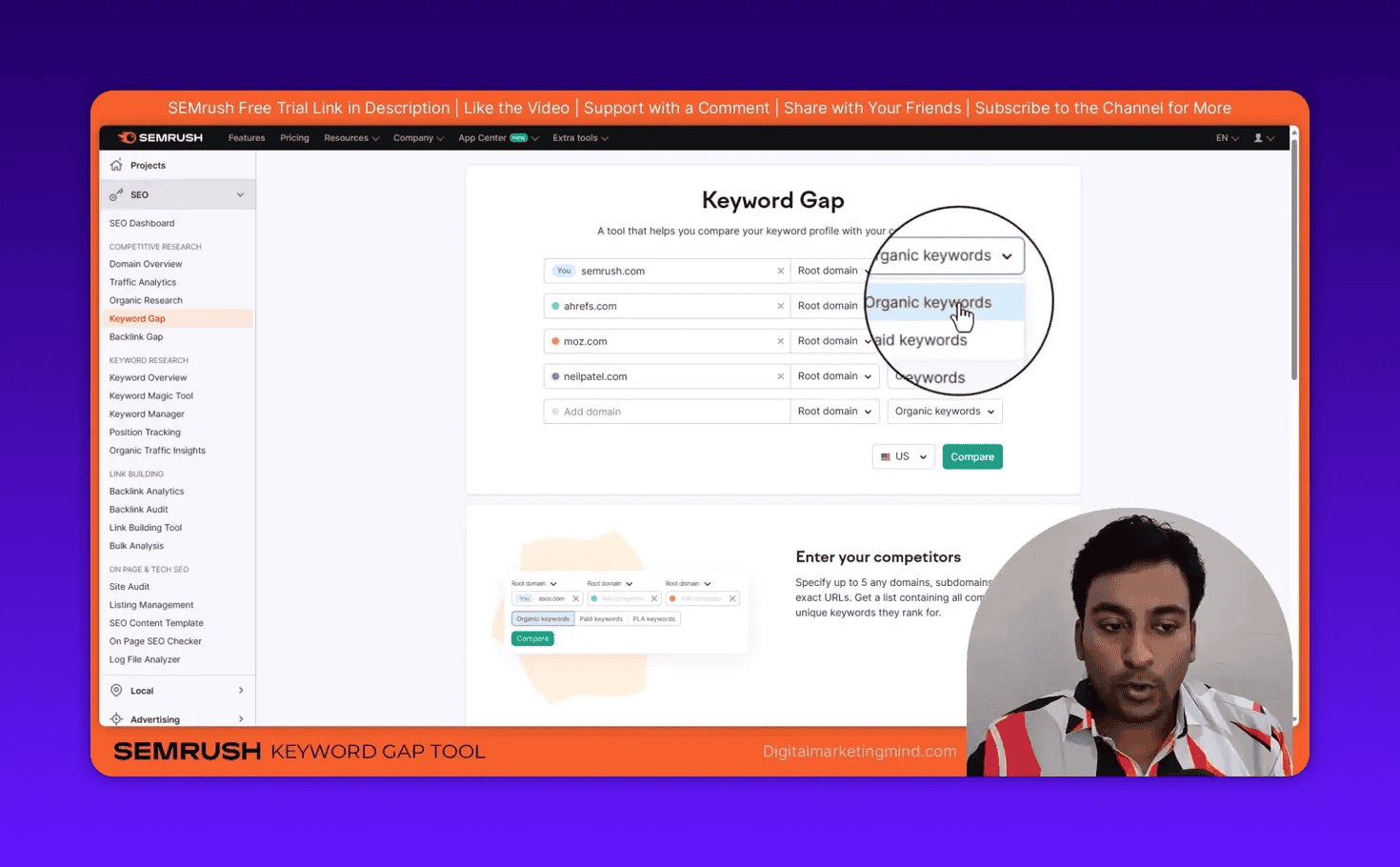 SEMrush Keyword Gap interface with cursor selecting 'Organic keywords' in the dataset dropdown