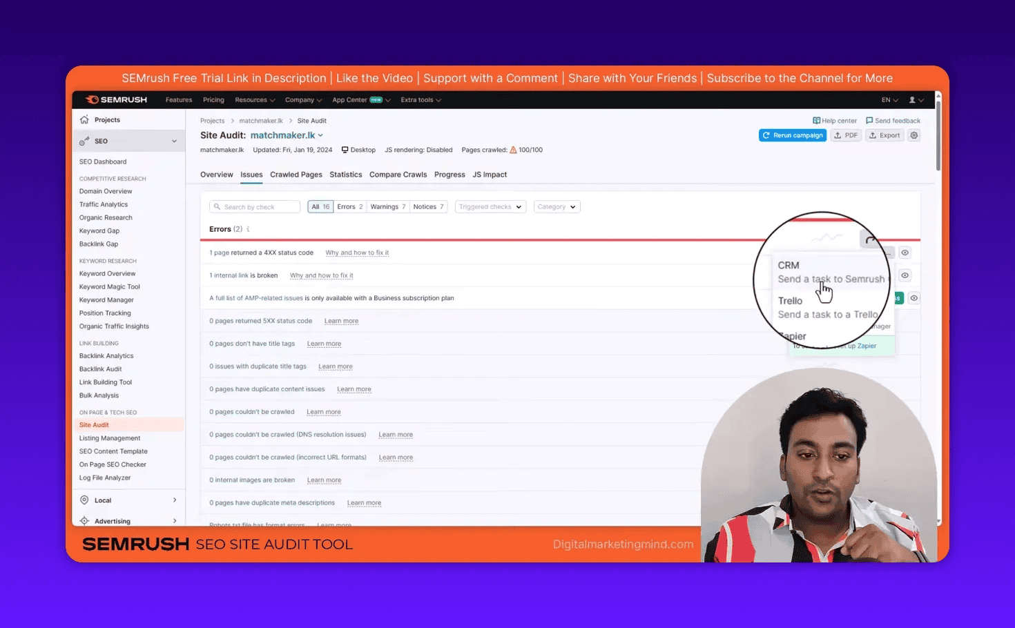 SEMrush Site Audit 'Send to' menu showing CRM, Trello and Zapier options with magnified cursor and minimal presenter overlay