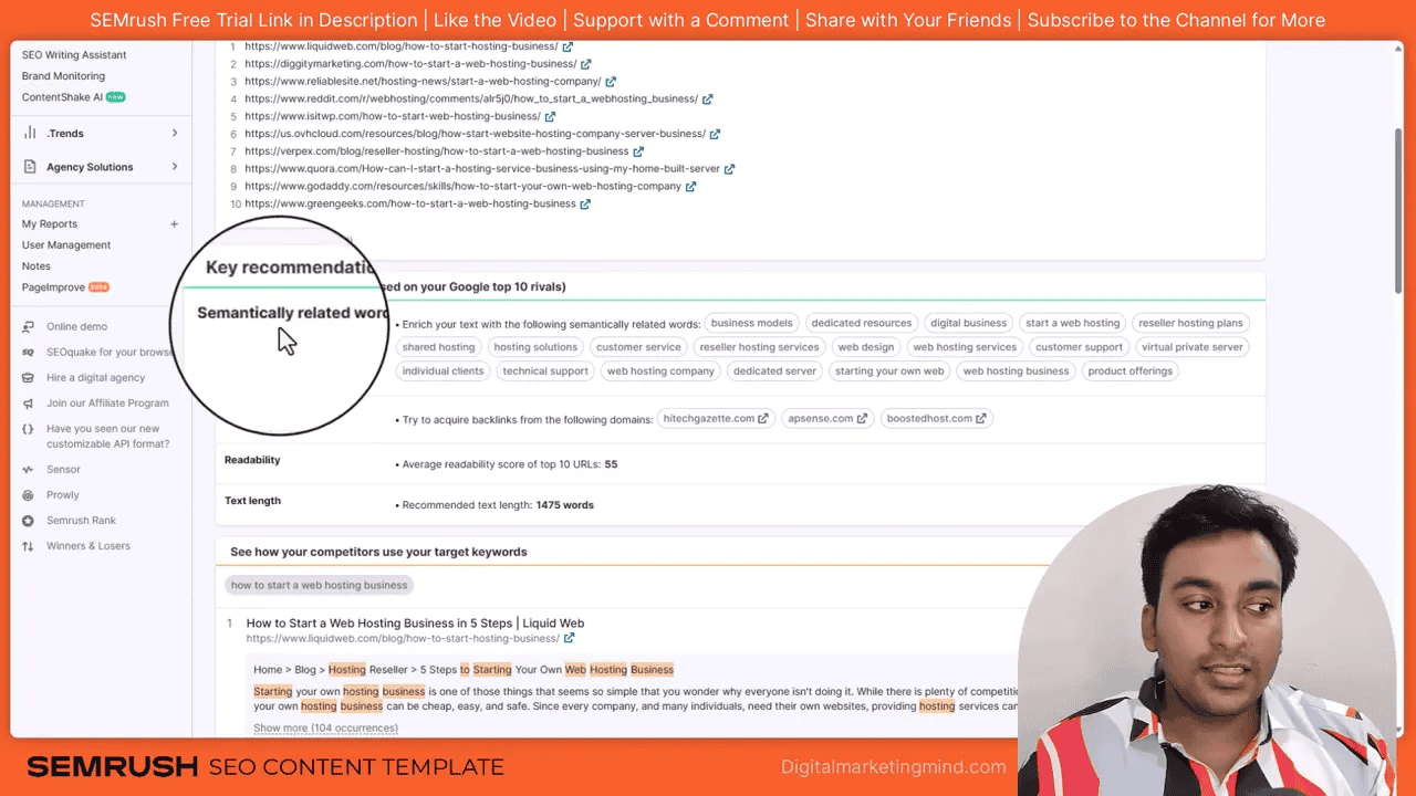 Semrush SEO Content Template with magnified 'Semantically related words' section and readability/text length recommendations