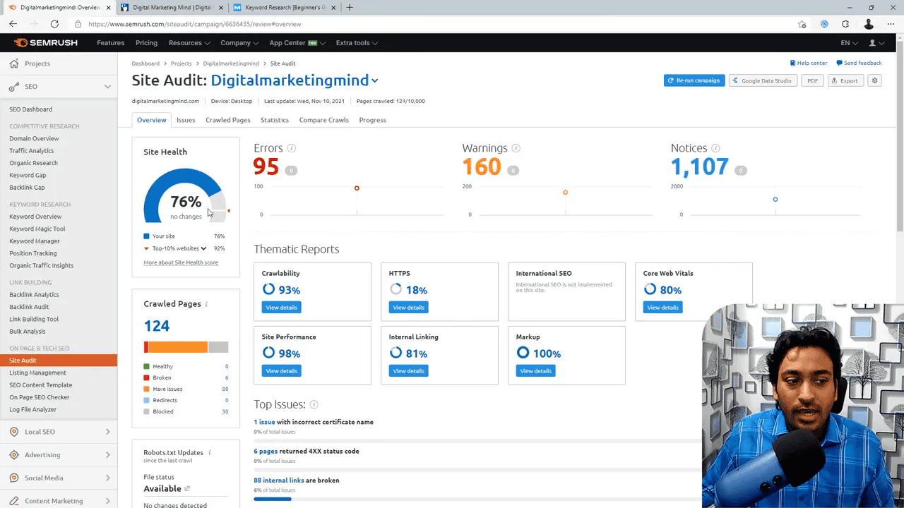 Semrush Site Audit dashboard showing Site Health percentage, counts of Errors, Warnings and Notices and thematic reports