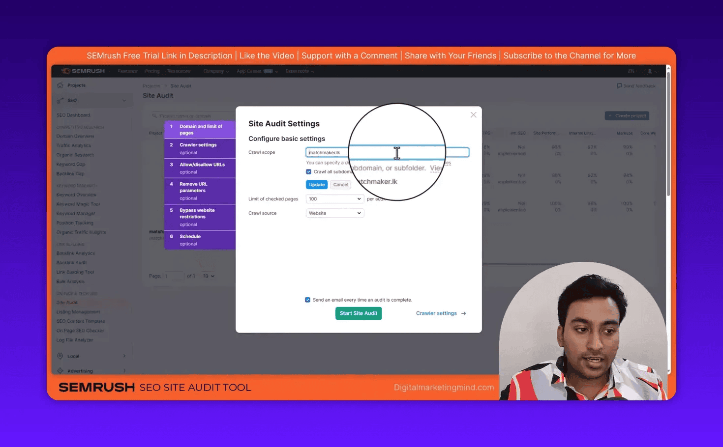 SEMrush Site Audit settings dialog showing crawl scope input with domain typed and magnified cursor