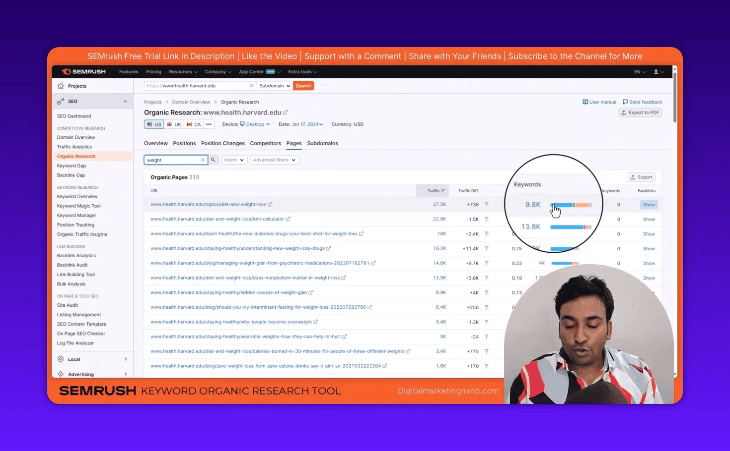 Semrush Organic Research Top Pages list with highlighted 'Keywords' counts and presenter overlay
