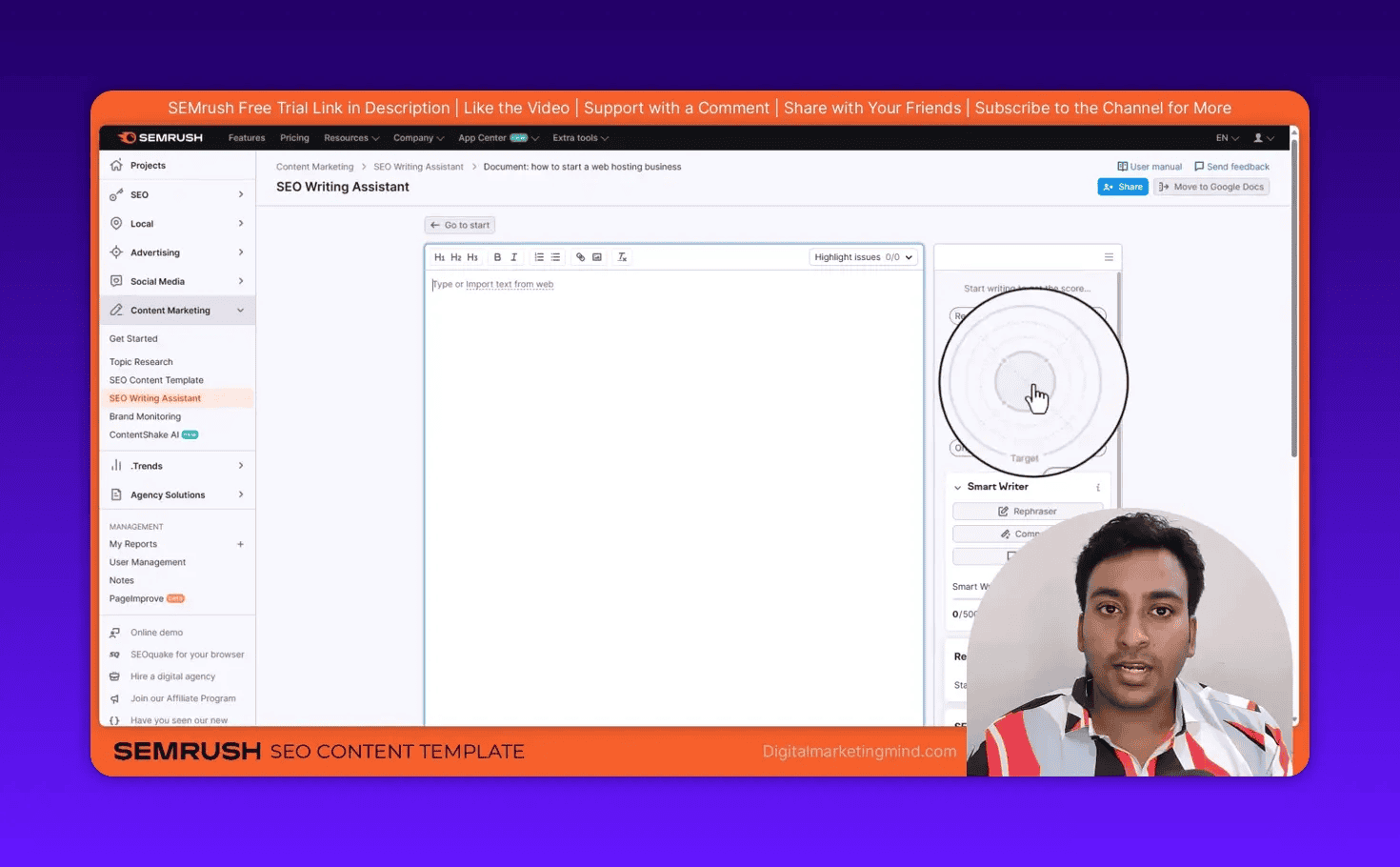SEMrush SEO Writing Assistant showing the main editor and right-side radar/readability panel with pointer and presenter overlay.