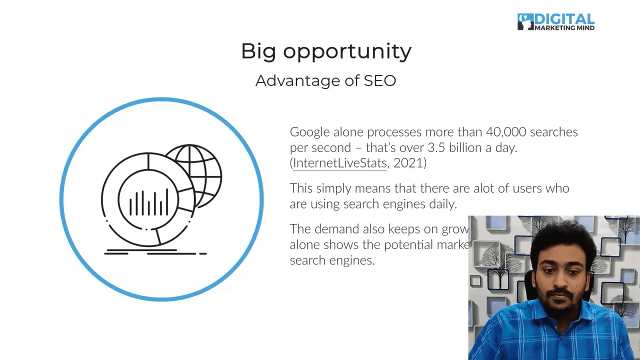 Slide titled 'Big opportunity — Advantage of SEO' with globe/analytics graphic and small presenter inset
