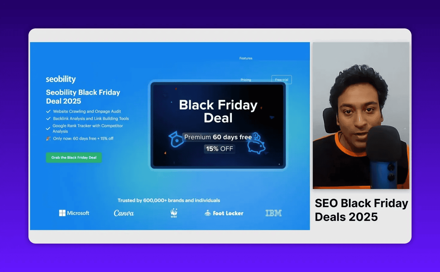 Clear SEObility Black Friday deal slide with presenter and microphone visible at right