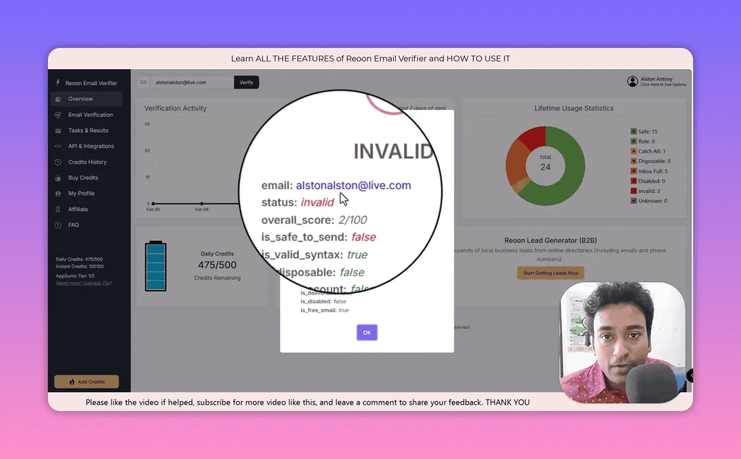 Reoon verification result popup showing email alstonalston@live.com marked 'invalid' with overall_score 2/100 and is_safe_to_send false.
