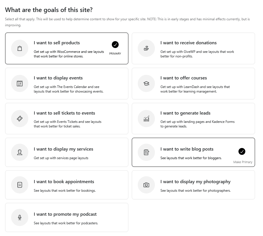 Website builder goals selection interface with various site purposes listed