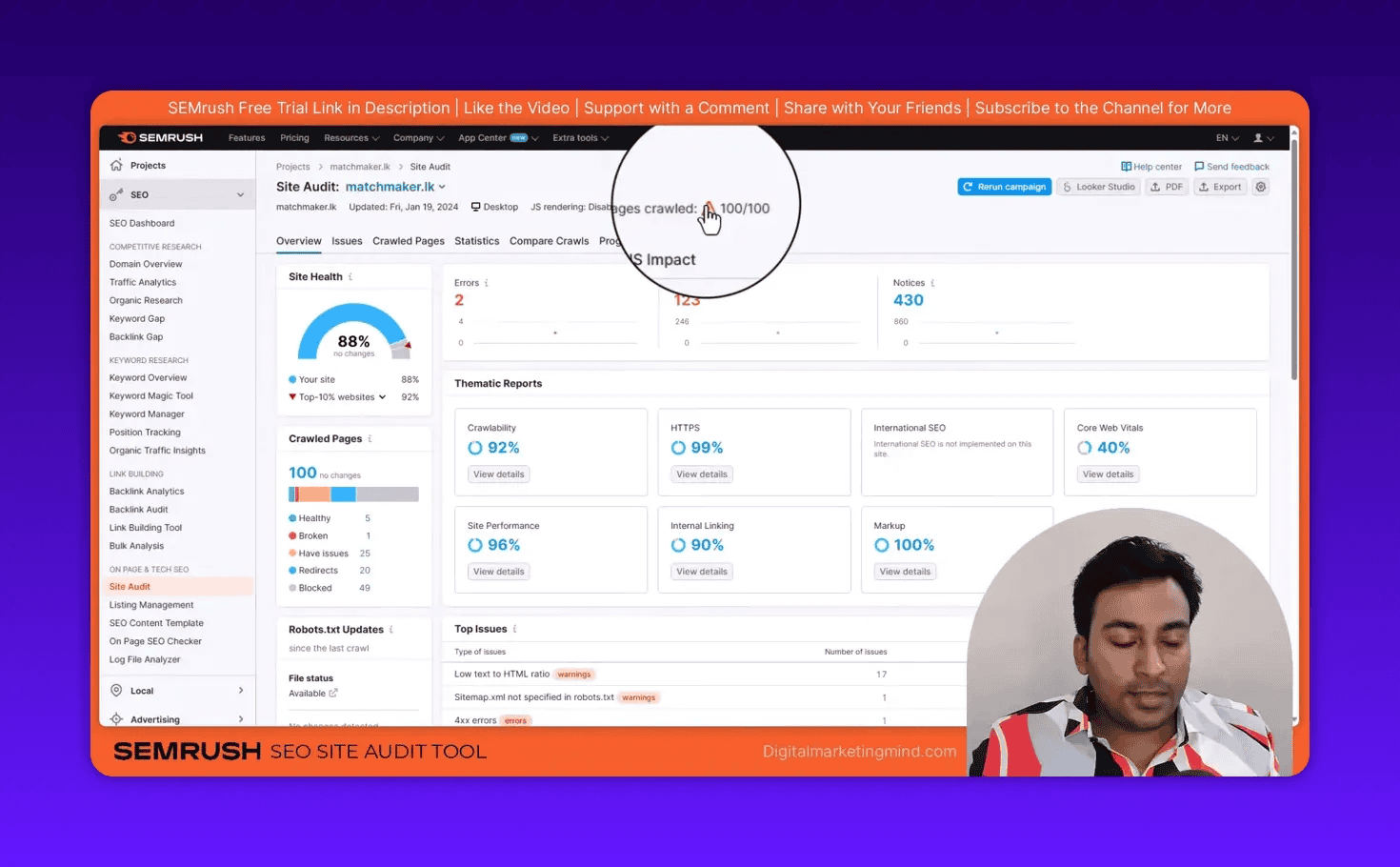 SEMrush Site Audit dashboard highlighting the Site Health score and counts for Errors, Warnings and Notices