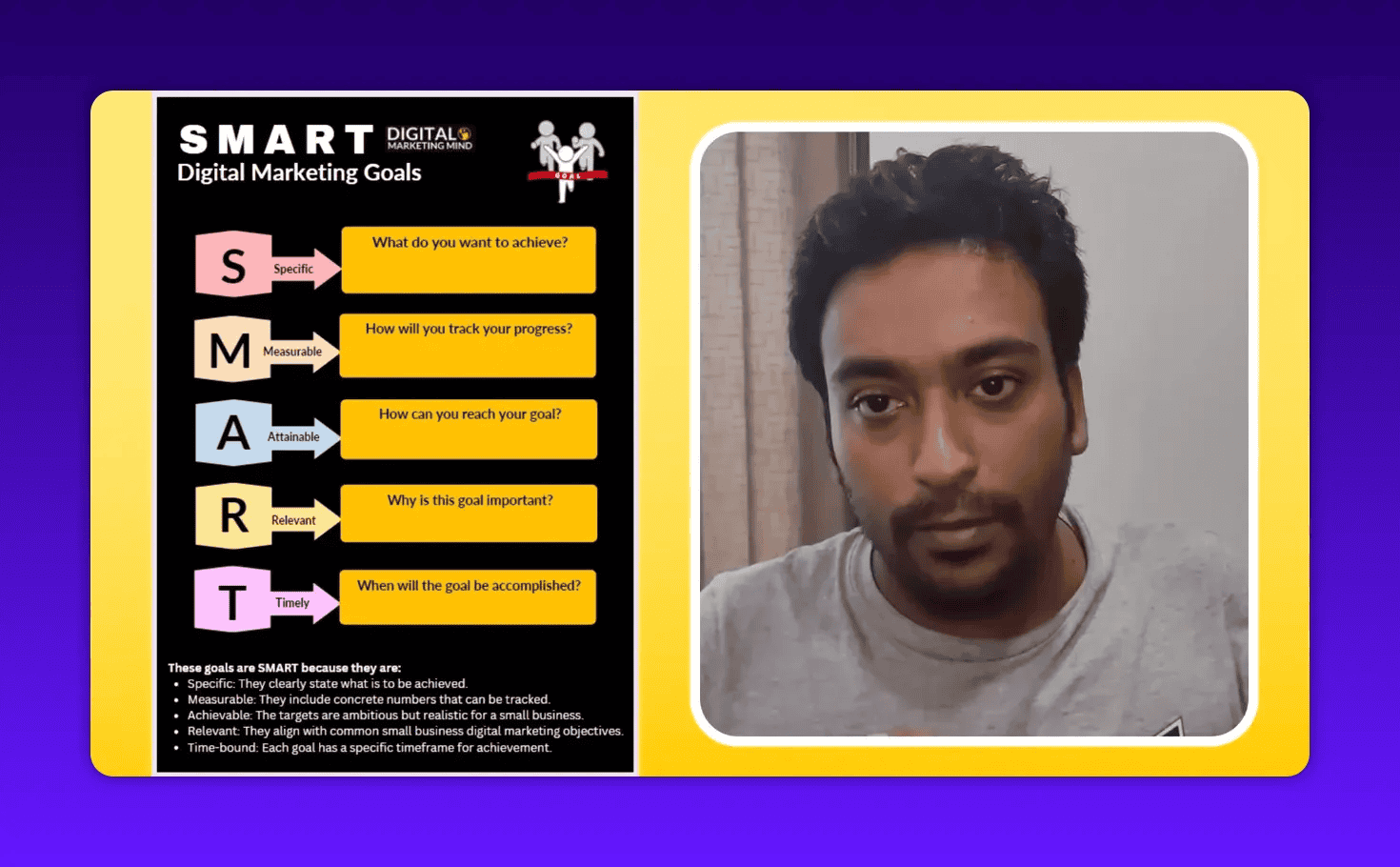 SMART goals infographic next to presenter looking at camera