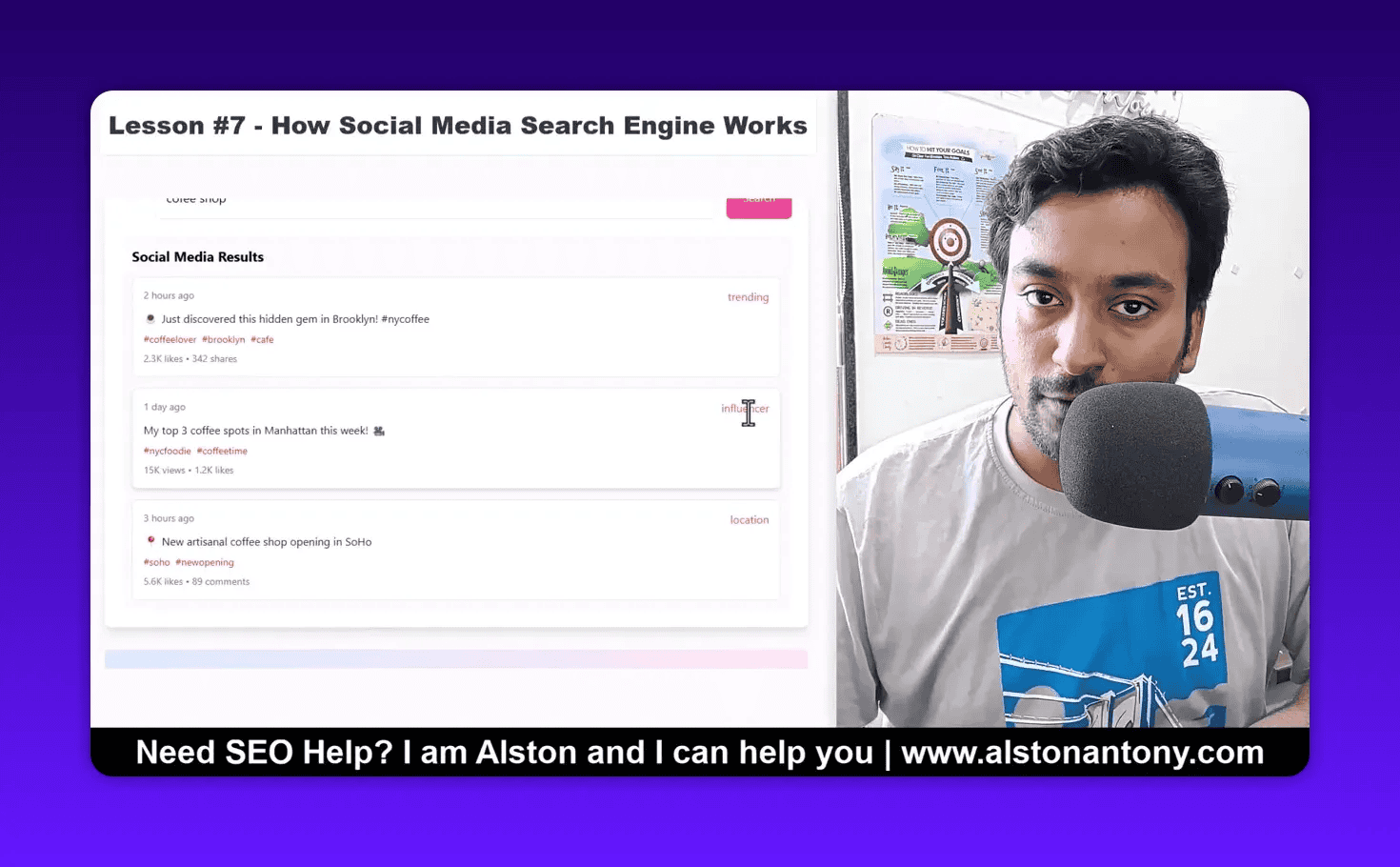 Screenshot of social media search results (list of posts with hashtags and engagement) with presenter at right