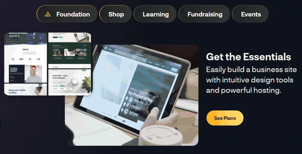 Person using StellarSites website builder on tablet; easily build business sites with intuitive design tools and powerful hosting.