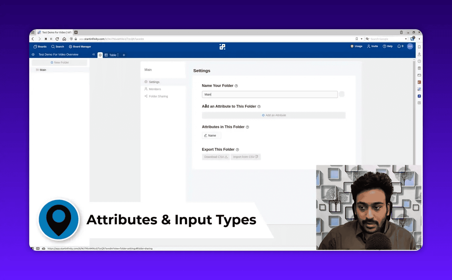 Start Infinity folder settings page with 'Add an Attribute' field and 'Attributes in This Folder' list