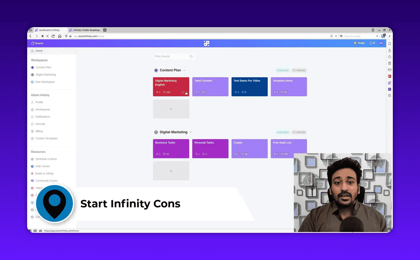 Start Infinity home/dashboard with board tiles and a 'Start Infinity Cons' title banner; presenter inset visible in the bottom-right.