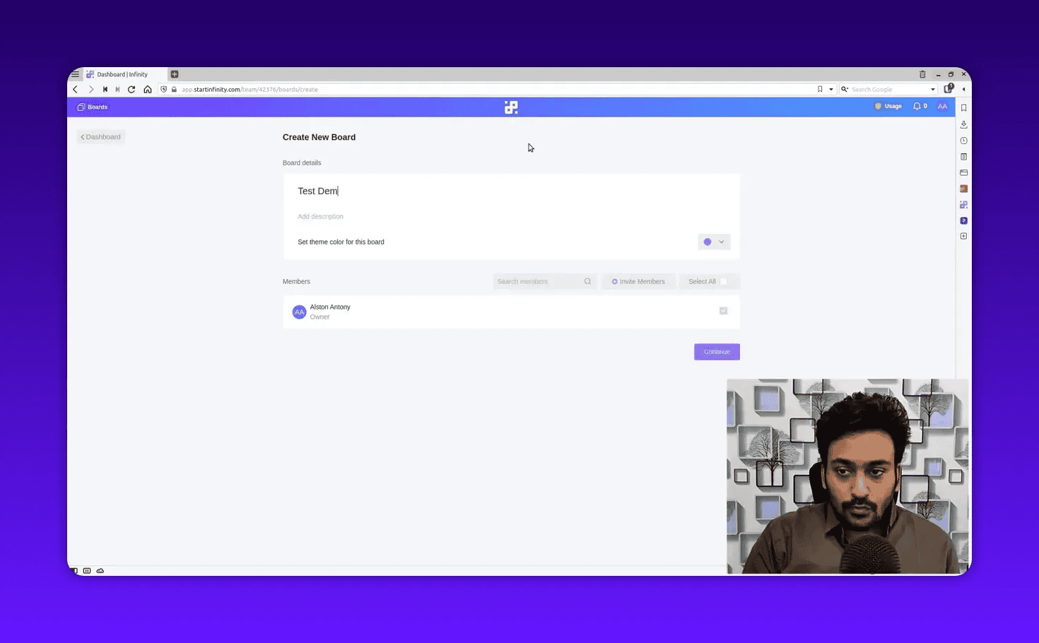 Start Infinity Create New Board page with 'Test Demo' entered in the board name field and members list below; presenter overlay in bottom-right.