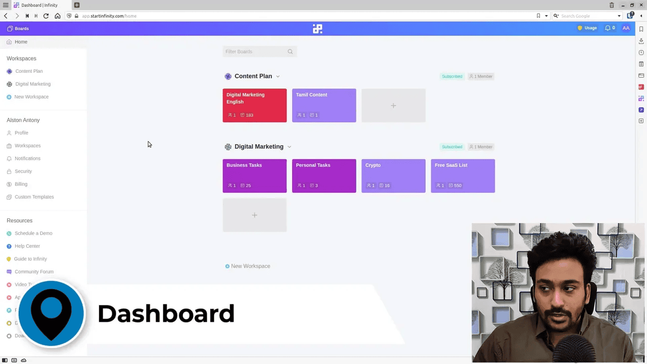 Start Infinity dashboard showing workspaces and board cards with a 'Dashboard' banner and small presenter overlay in corner.
