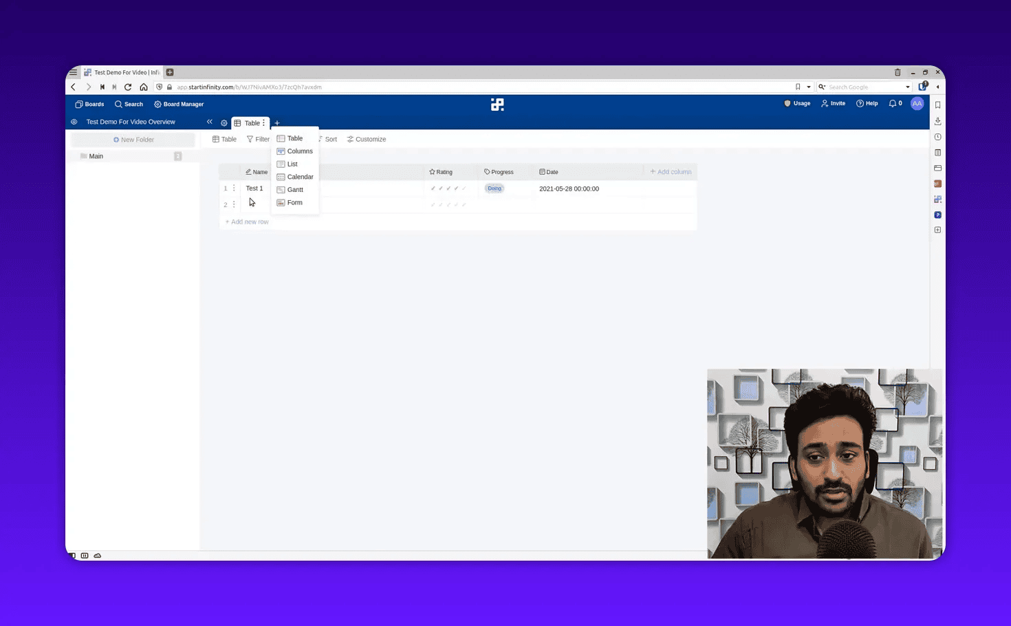 Start Infinity view menu open showing options: Table, Columns, List, Calendar, Gantt and Form