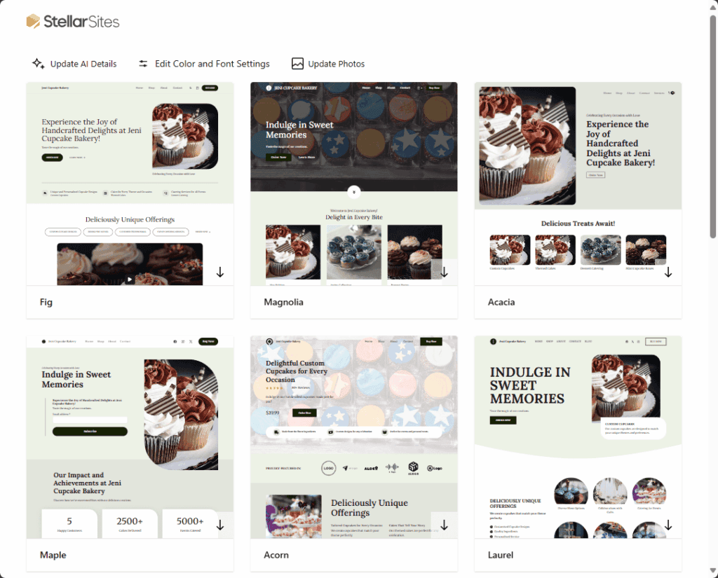 StellarSites website builder interface showing various website templates for a cupcake bakery.