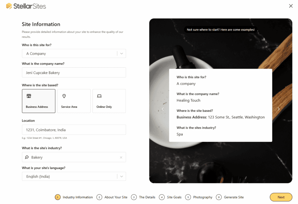 StellarSites website builder interface showing site information input fields. User is entering business details for a bakery.