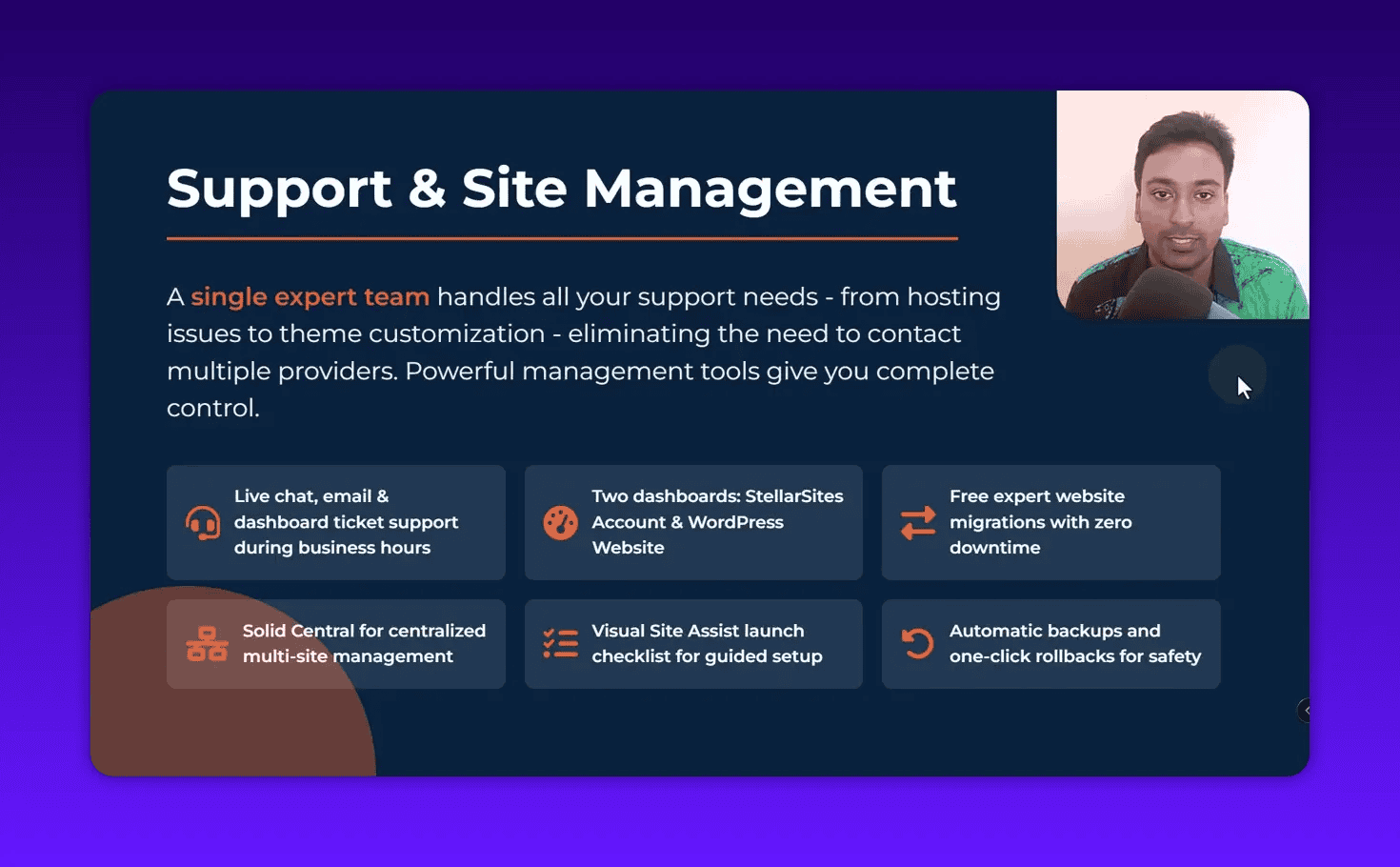 Clear slide reading 'Support & Site Management' with descriptive text and six feature tiles (live chat, two dashboards, migrations, centralized management, launch checklist, backups) and a presenter inset.