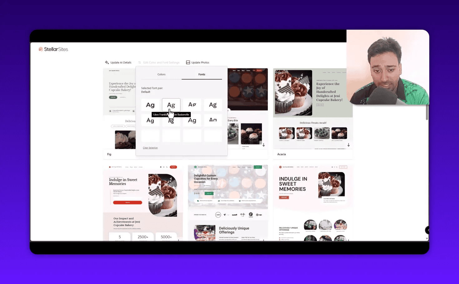 StellarSites design template gallery with the fonts modal active; a cursor is selecting a font tile and a presenter is visible in the top-right inset.