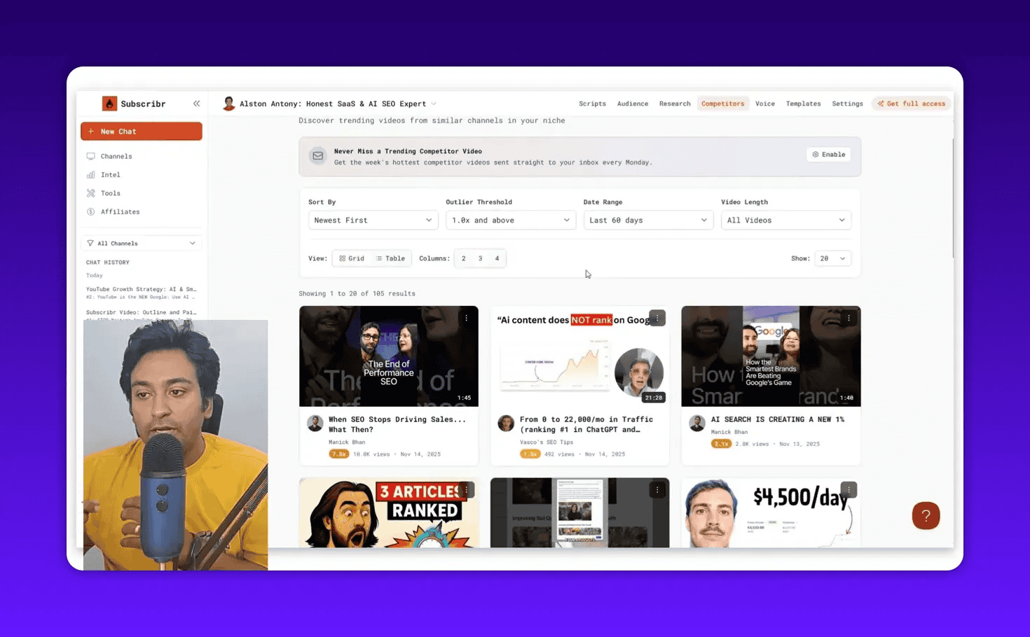 Wide view of Subscribr Competitor Intel page with filter controls, outlier threshold, date range and a grid of trending competitor video thumbnails