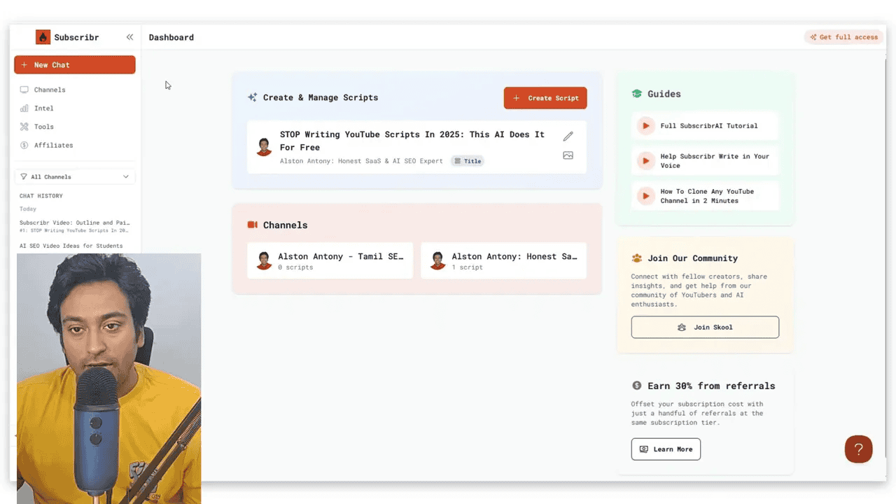 Subscribr dashboard showing Create & Manage Scripts card, Channels panel and a small presenter video overlay