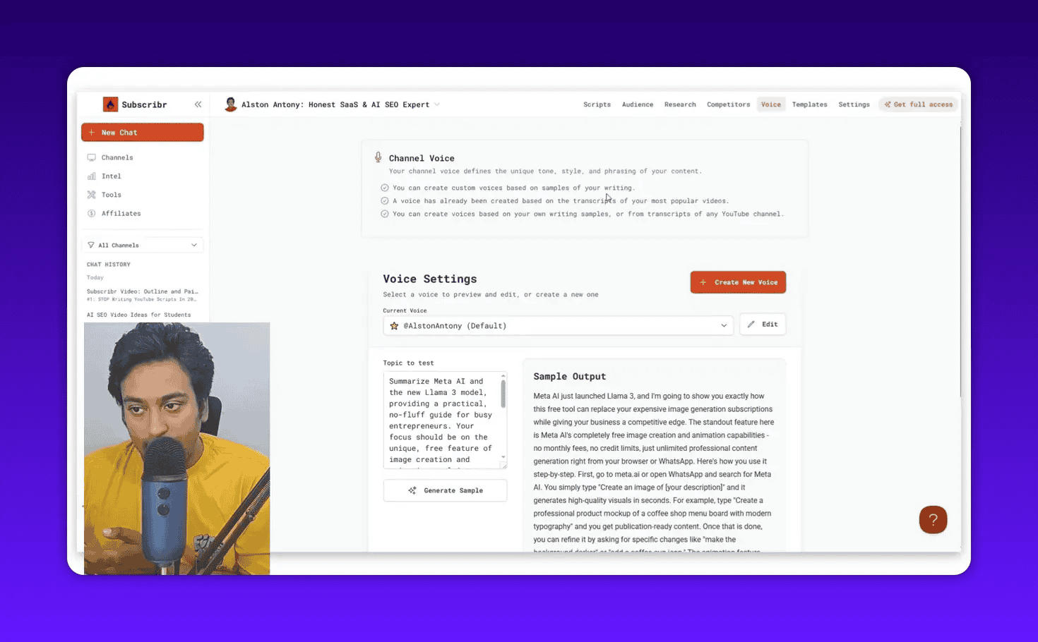 Subscribr Voice Settings page with 'Create New Voice' button, topic box and sample output text visible in the main pane.