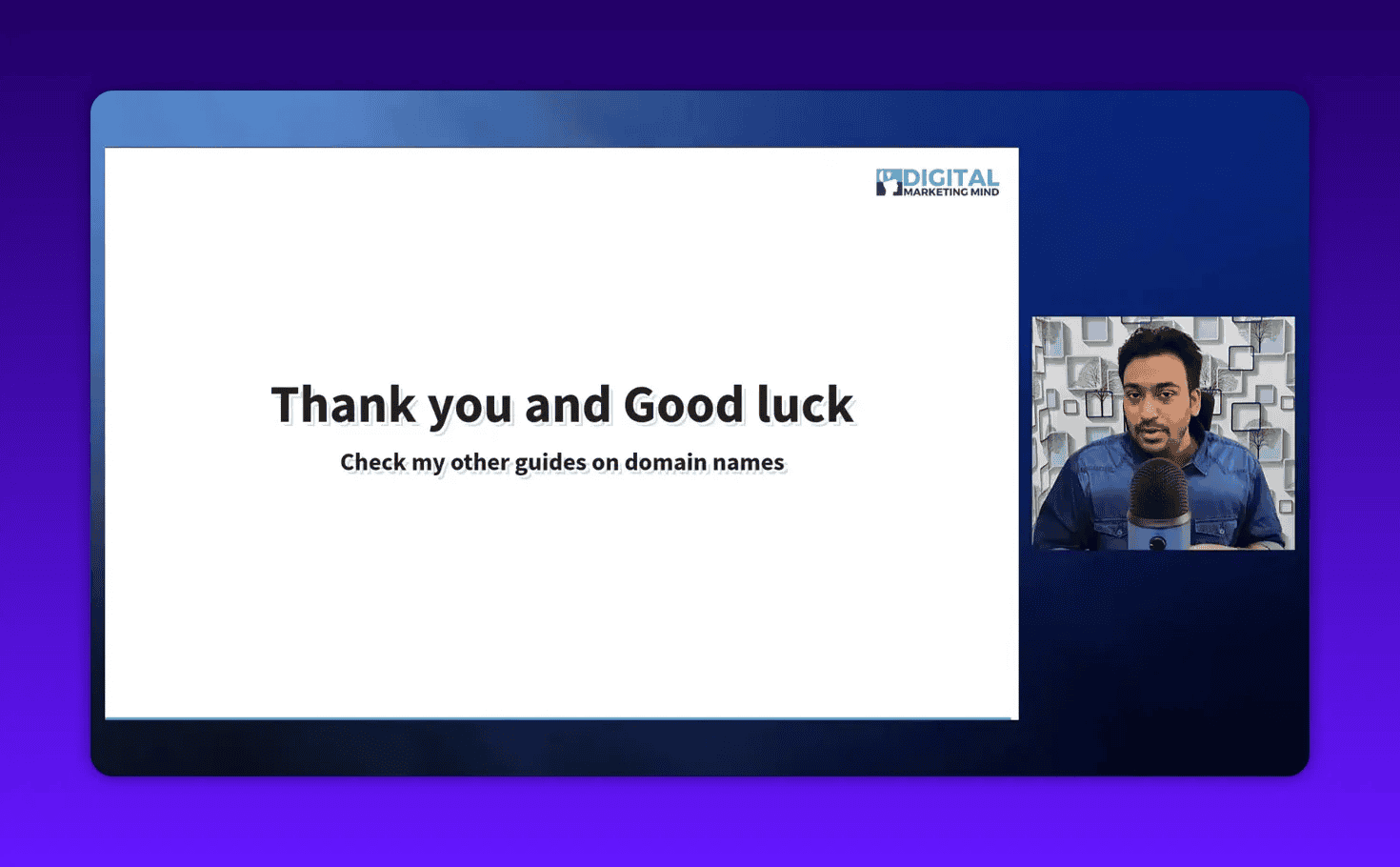 Clear presentation slide 'Thank you and Good luck' occupying most of the frame with the presenter visible in an unobtrusive inset at right.
