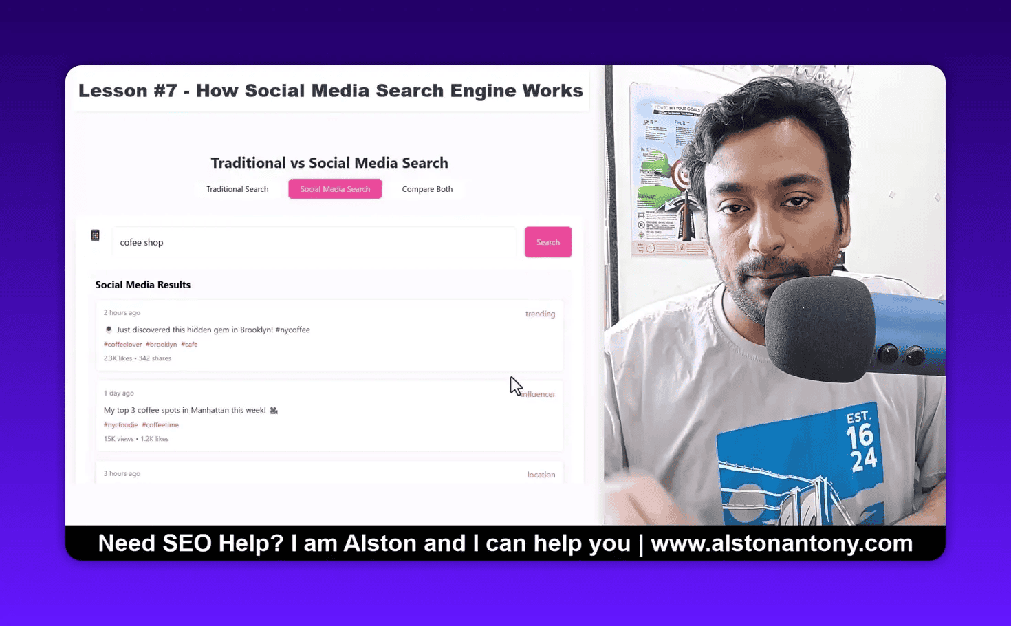 Clear split-screen: 'Traditional vs Social Media Search' header and social media results on the left, presenter at a microphone on the right