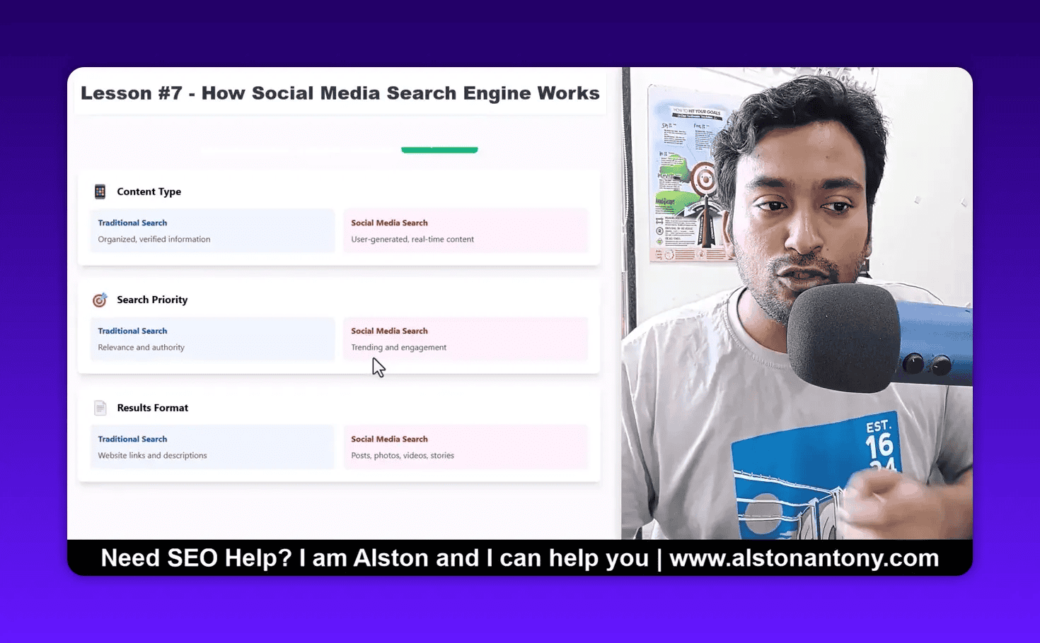 Cursor pointing to 'Trending and engagement' under 'Social Media Search' on a presentation slide, shown next to the presenter