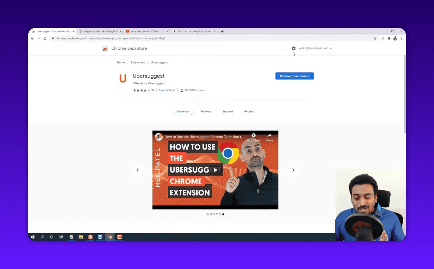 Chrome Web Store page showing the Ubersuggest extension listing and an embedded demo video thumbnail, with a small presenter inset.