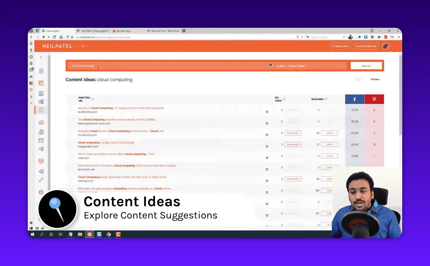 Ubersuggest Content Ideas results list with page titles, estimated visits column, backlinks column and social share counts visible
