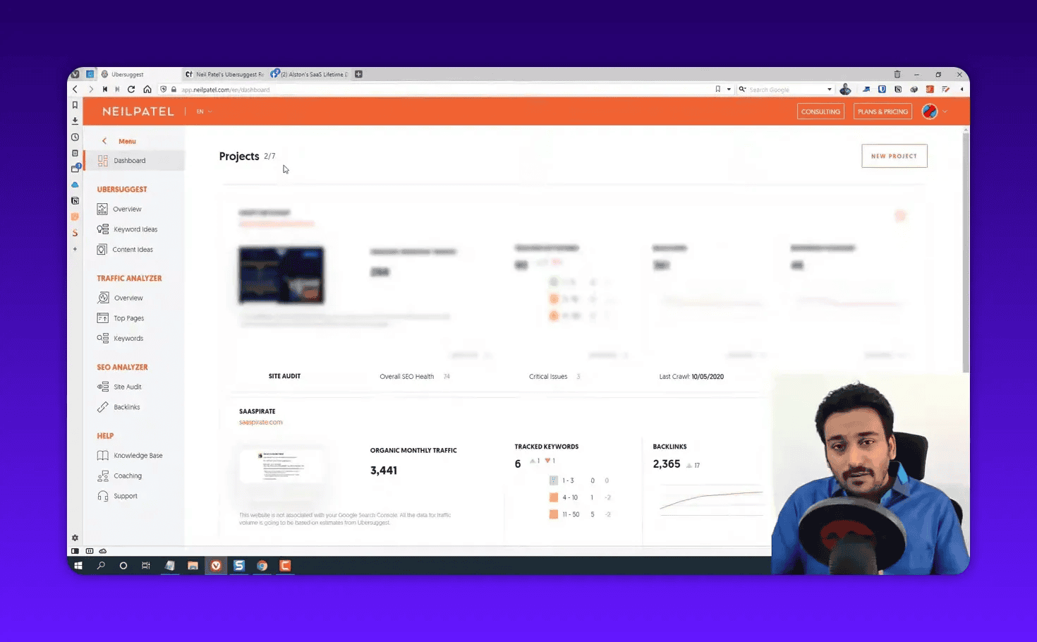 High‑quality screenshot of the Ubersuggest projects dashboard with NEILPATEL header, left navigation and visible metrics for organic monthly traffic, tracked keywords and backlinks.
