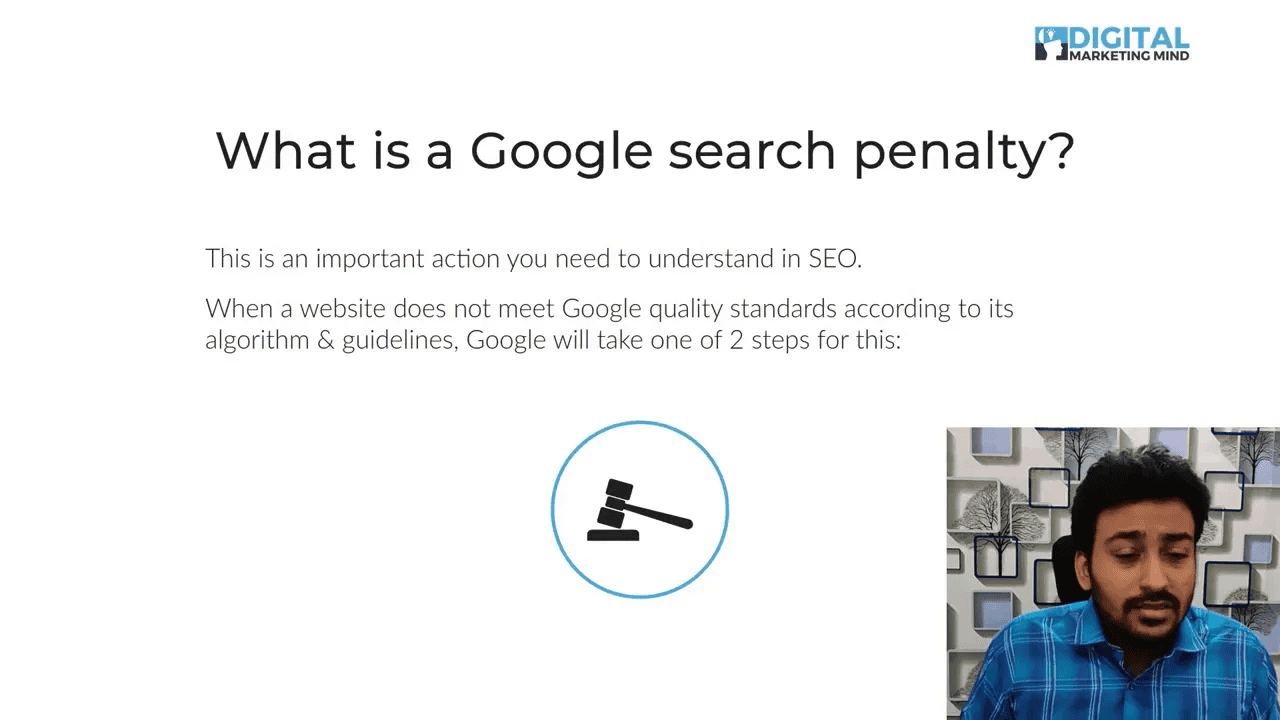Presentation slide titled 'What is a Google search penalty?' with explanatory paragraphs and a gavel icon, plus a small instructor inset at the bottom-right.