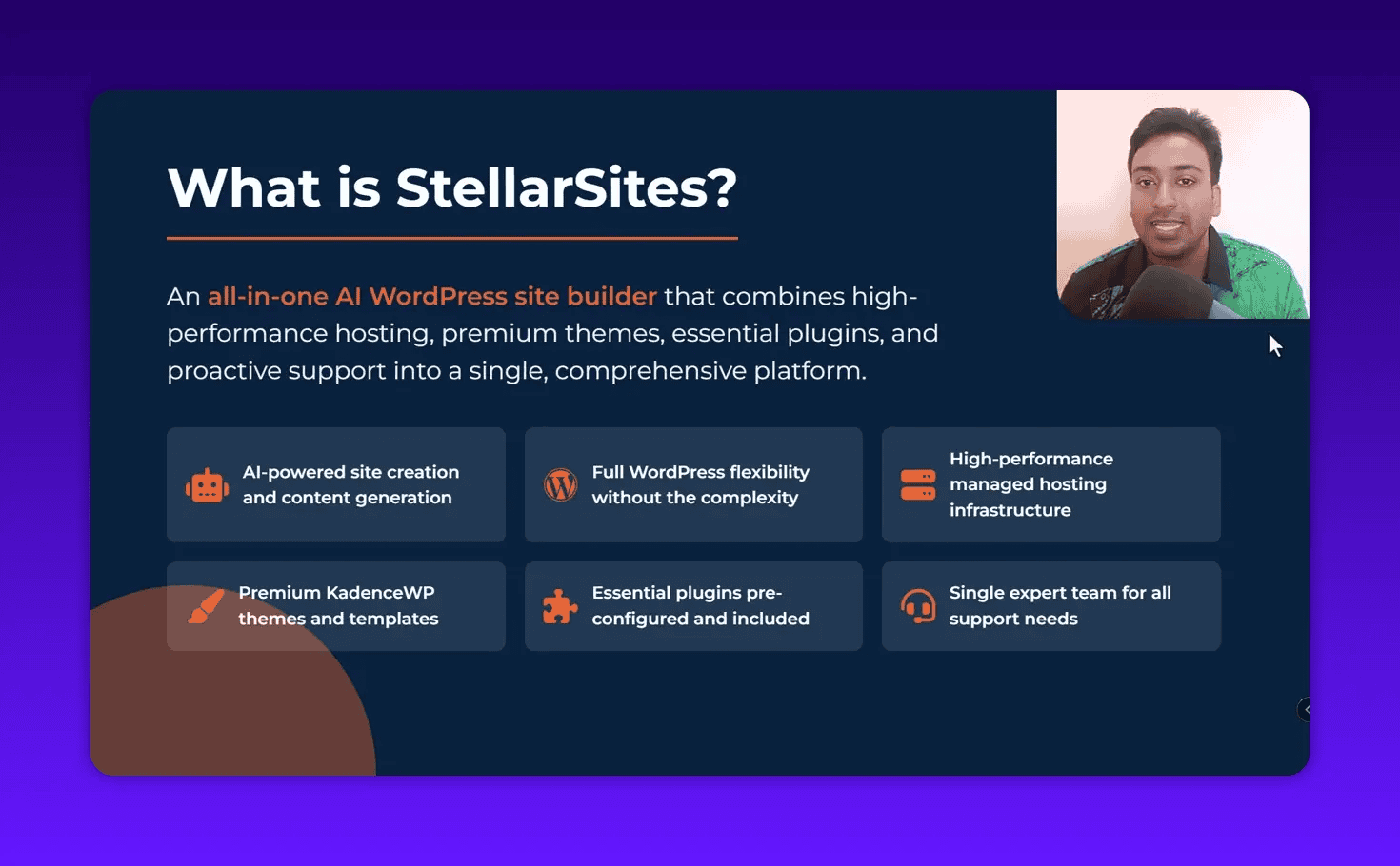 Slide titled 'What is StellarSites?' showing a short product description and feature tiles, with the presenter visible in the corner.