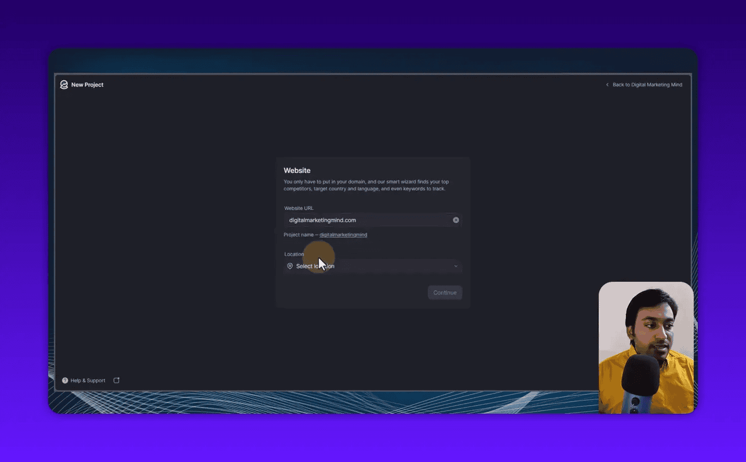 Wope New Project dialog showing Website URL, Project name and Location fields with the cursor on the location selector and a presenter inset in the corner.