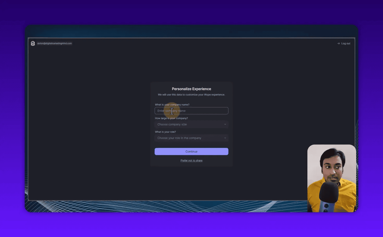 Wope 'Personalize Experience' modal with the company name input focused, shown on a dark dashboard with presenter in the corner