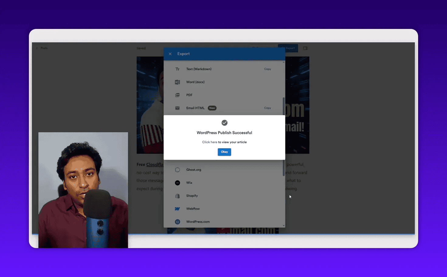 Clear 'WordPress Publish Successful' confirmation dialog in the export window with the presenter visible in an overlay on the left.