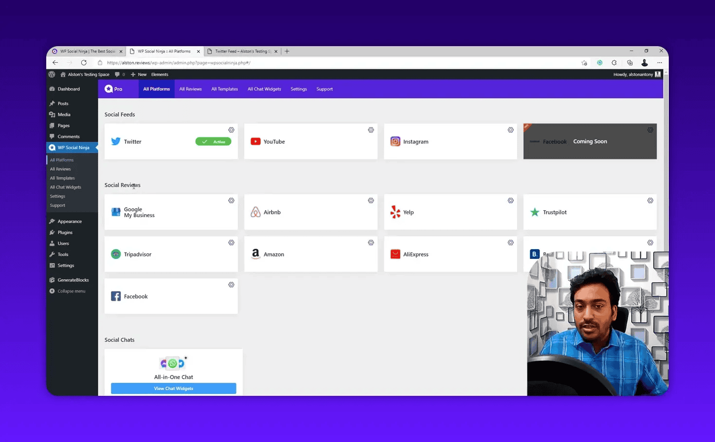 WP Social Ninja dashboard highlighting the Social Reviews tiles with supported review platforms