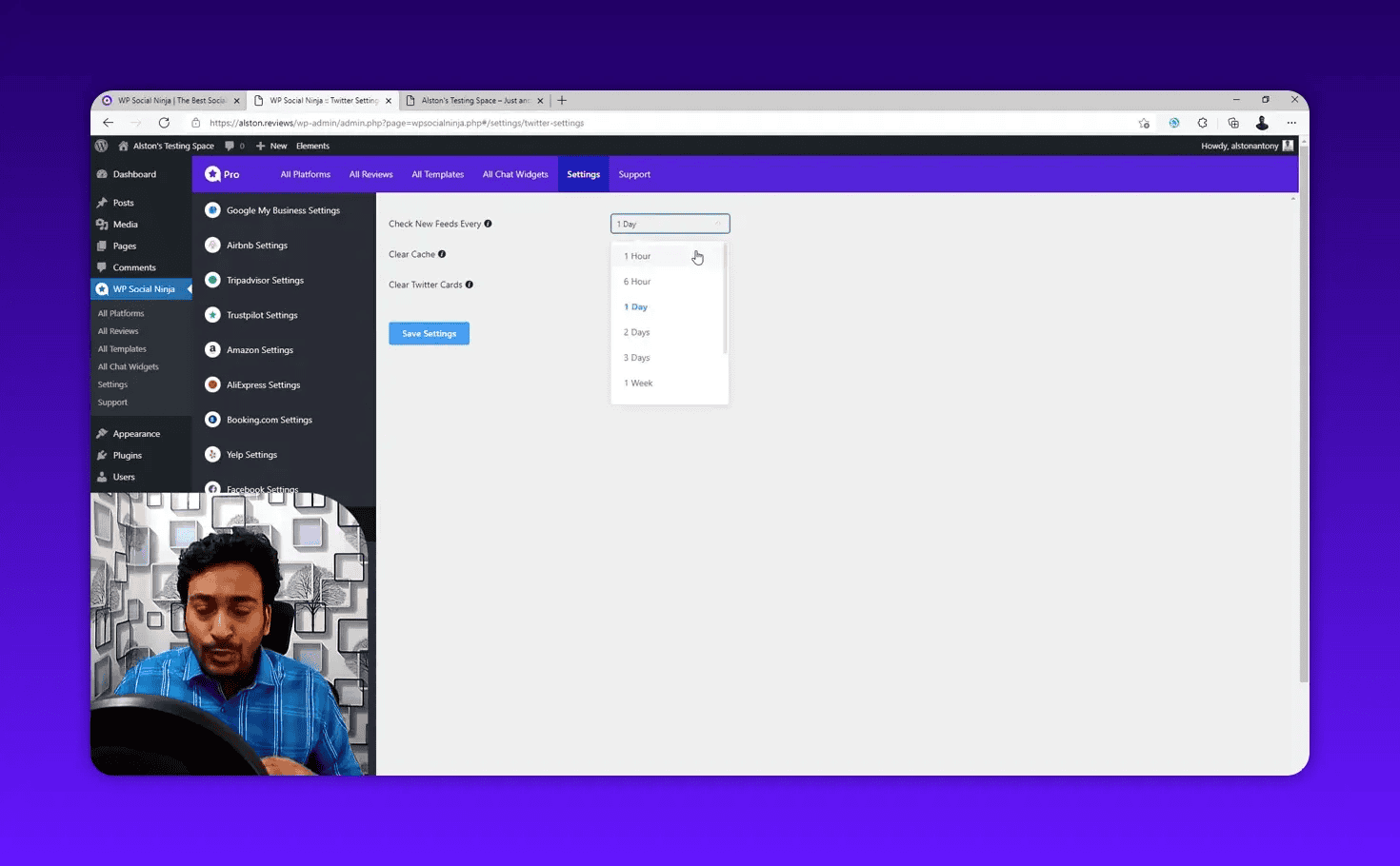WP Social Ninja settings screen with the 'Check New Feeds Every' dropdown expanded showing options like 1 Hour, 1 Day, 2 Days and a Save Settings button.